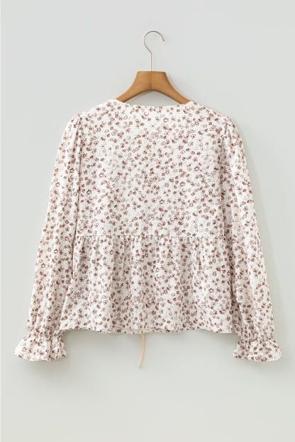 Floral Bow Tie Front Flounce Long Sleeve Blouse