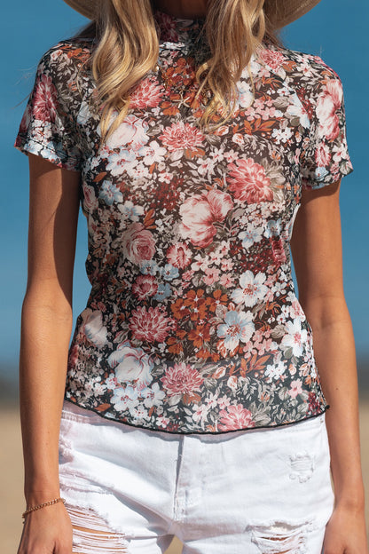 Floral Mesh Mock Neck Short Sleeve Top