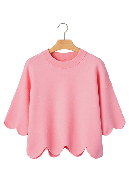 Solid Scalloped Hem 3/4 Sleeve Sweater Top