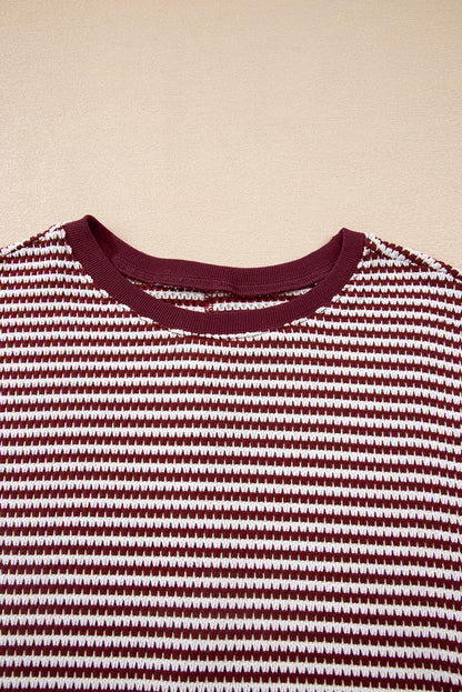 Stripe Ribbed Trim Drop Shoulder Top