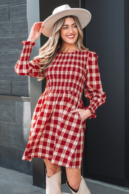Gingham Plaid Smocked Puff Sleeve Mini Dress