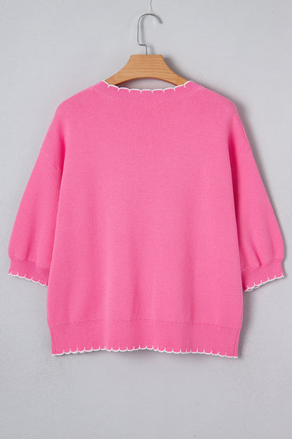 Bow Tie Contrast Stitch 3/4 Sleeve Sweater