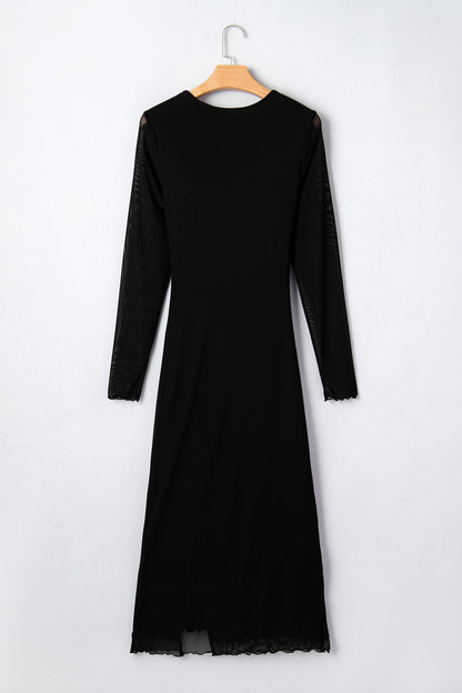 Solid Mesh Knotted Waist Side Slit Midi Dress