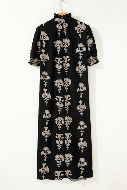 Floral Frilled Collar Short Puff Sleeve Maxi Dress