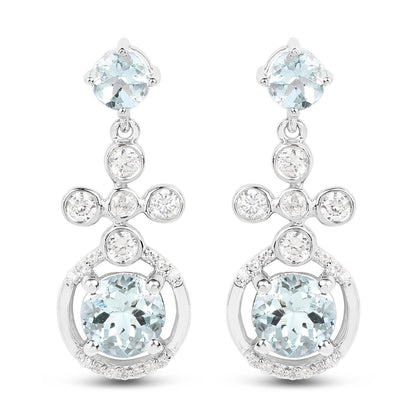 4.42 Carat Genuine Aquamarine and White Zircon .925 Sterling Silver Earrings
