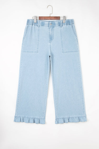 Plus Size Denim Elastic Waist Ruffle Wide Leg Pants