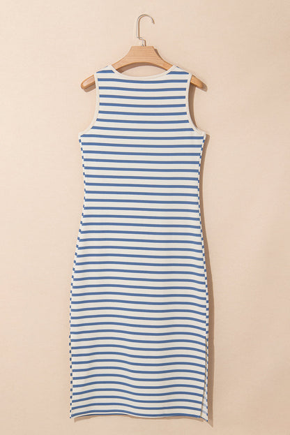 Stripe Tie V-Neck Sleeveless Midi Dress