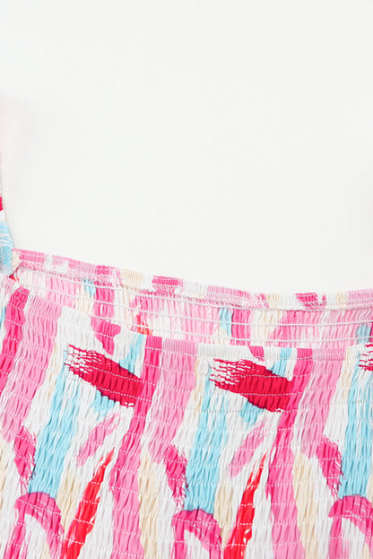 Abstract Brush Stroke Smocked Ruffle Tiered Dress