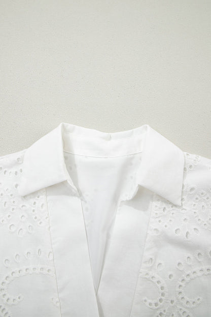 Solid Embroidered Eyelet Collared V-Neck Mini Dress