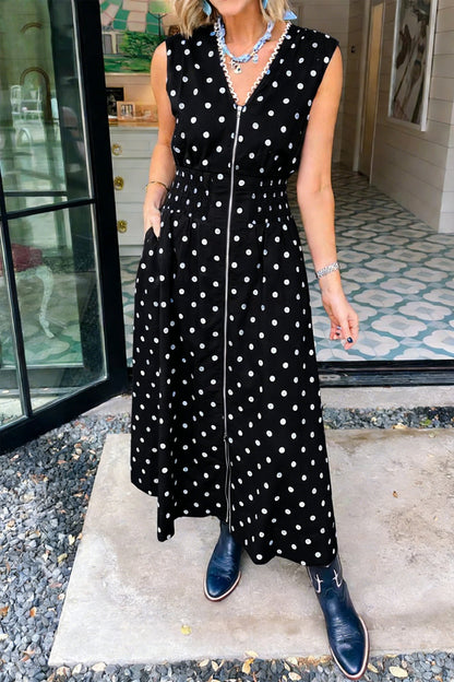 Polka Dot Zip Up V-Neck Sleeveless Dress