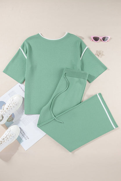 Contrast Trim Top and Drawstring Pants Set