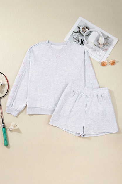 Plus Size Bow Tie Embroidered Pullover and Shorts Set