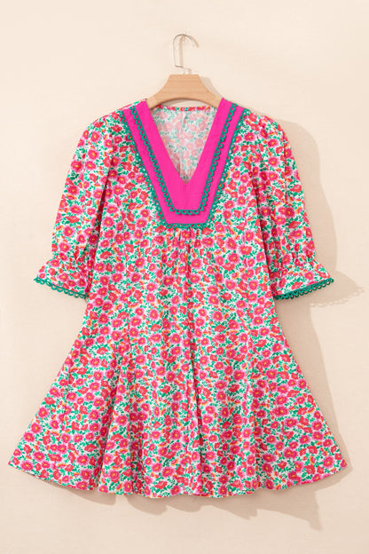 Floral Patchwork V-Neck Bubble Sleeve Mini Dress