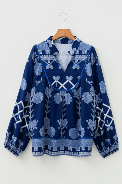 Plus Size Floral Notch Neck Long Sleeve Blouse