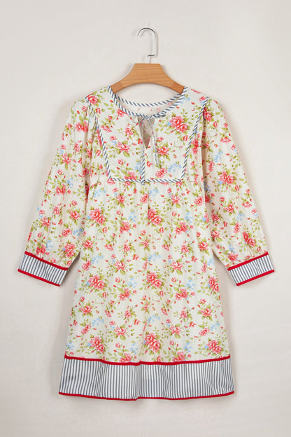 Floral Stripe Trim 3/4 Puff Sleeve Dress
