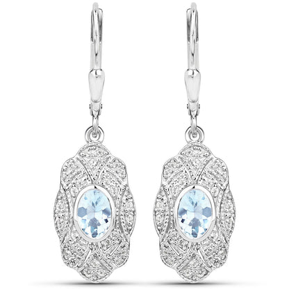0.96 Carat Genuine Aquamarine and White Topaz .925 Sterling Silver Earrings