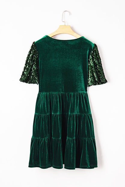Velvet Sequin Puff Sleeve Tiered Mini Dress