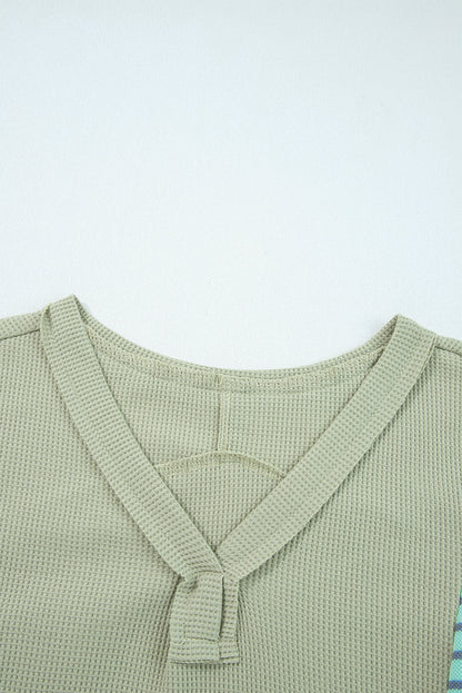 Stripe Patchwork Waffle Knit V-Neck Pullover