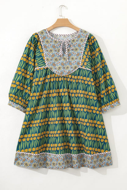 Plus Size Floral Stripe Trim 3/4 Sleeve Mini Dress