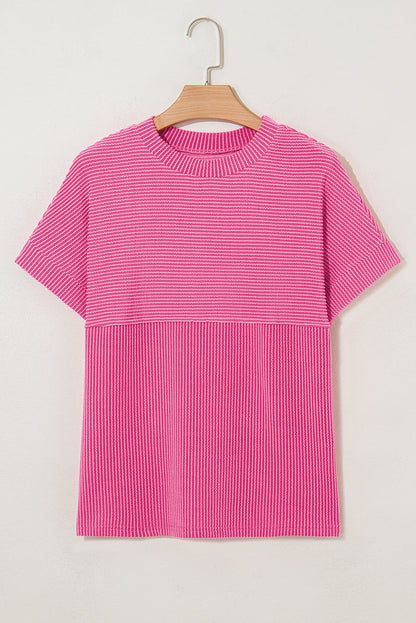 Solid Corded Knit Mock Neck T-Shirt