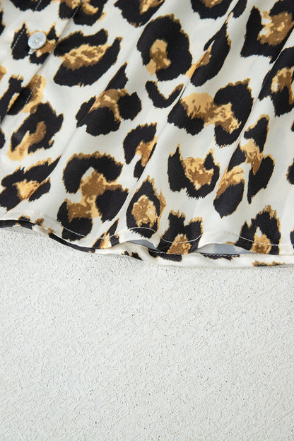 Leopard Ruffle Trim 3/4 Sleeve Buttoned Shirt
