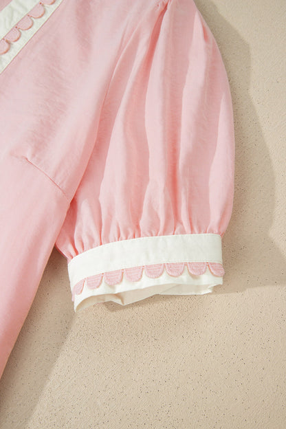 Scallop Trim Colorblock Puff Sleeve Mini Dress