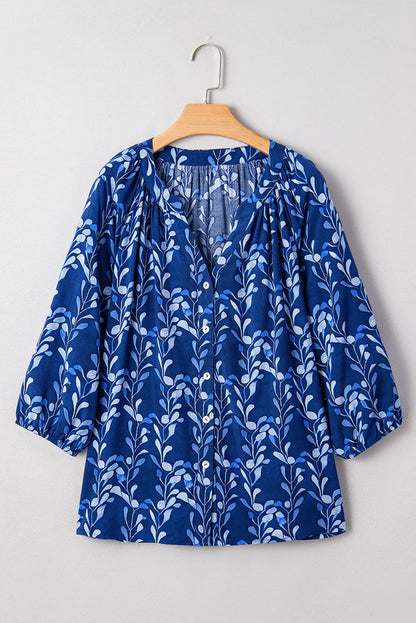 Floral 3/4 Sleeve Notched Neck Blouse