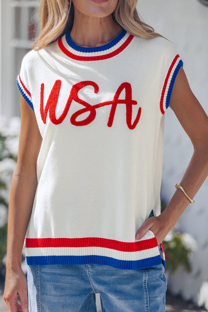 USA Stripe Contrast Trim Short Sleeve Sweater
