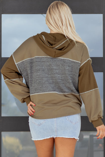 Waffle Knit Patchwork Buttoned Hooded Sweatshirt