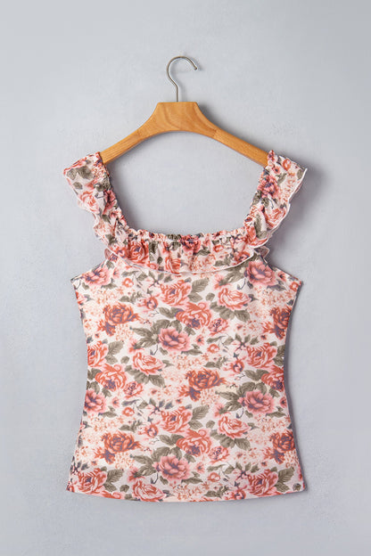 Floral Mesh Ruffle Square Neck Tank Top