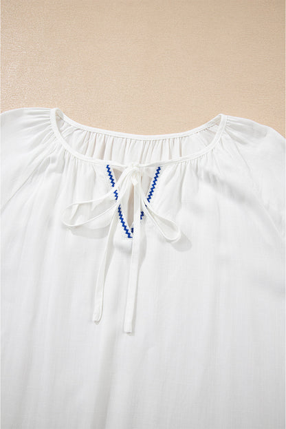Floral Embroidered Drawstring V-Neck Blouse
