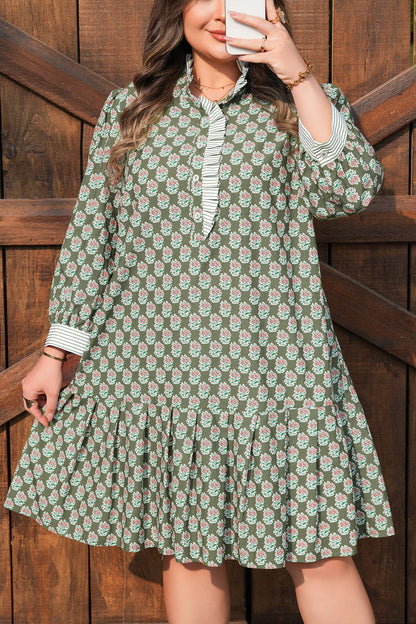 Plus Size Floral Stripe Contrast 3/4 Sleeve Dress