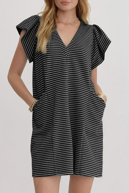 Stripe Textured Knit V-Neck Flutter Sleeve Mini Dress