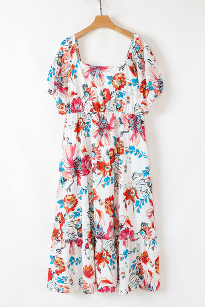 Plus Size Floral Puff Sleeve Midi Dress