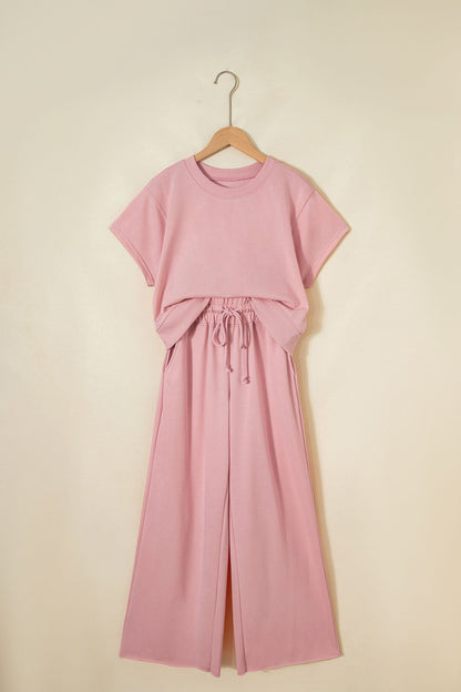 Solid Tee & Wide Leg Raw Hem Pants Set