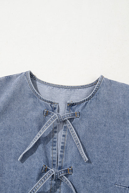 Denim Bow Bubble Sleeve Mini Dress