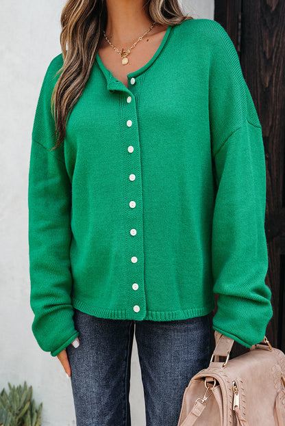 Solid Knit Button-Up Drop Shoulder Sweater Cardigan