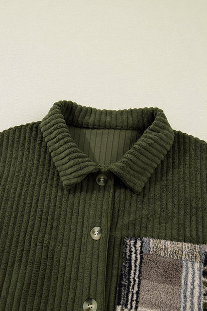 Plaid Patchwork Sleeve Button-Up Ribbed Fleece Jacket