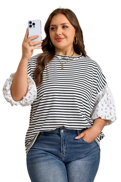 Plus Size Stripe Floral Patchwork Puff Sleeve Top
