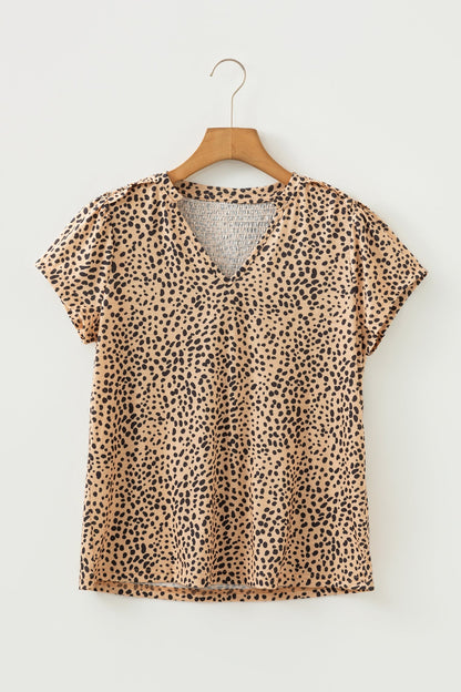 Cheetah Frilled V-Neck Short Sleeve Blouse
