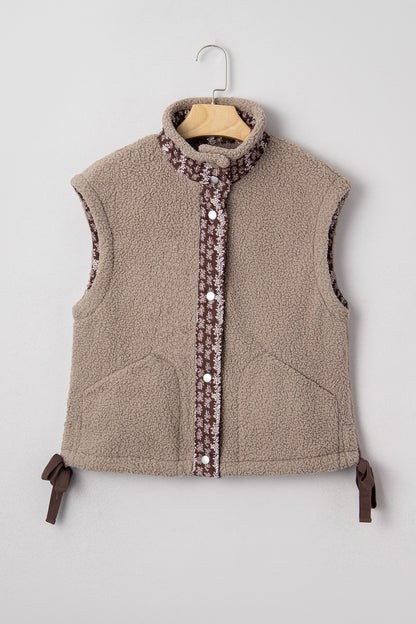 Floral Contrast Trim Fleece Side Bow Tie Vest