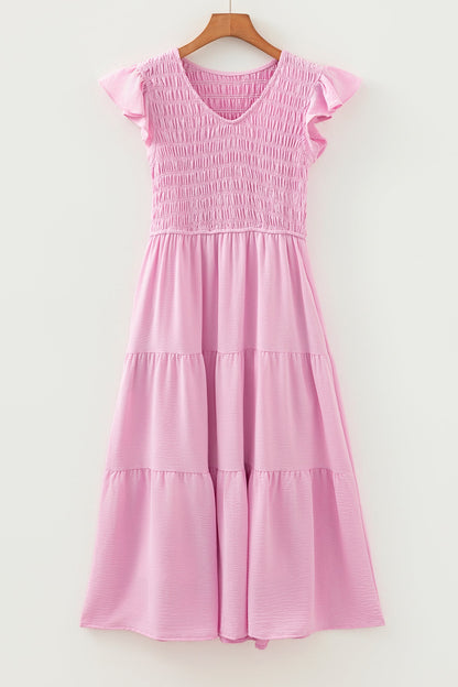 Smocked V-Neck Flutter Sleeve Tiered Midi Dress