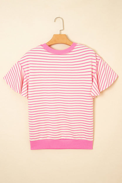 Stripe Contrast Detail Ruffle Short Sleeve Top