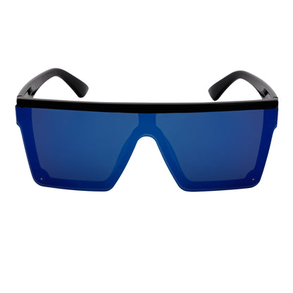 EDGE - Flat Top Rimless Sports Rectangle Sunglasses Gloss Black Blue Mirror