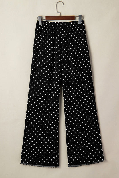 Polka Dot Elastic Waist Lace Hem Pants