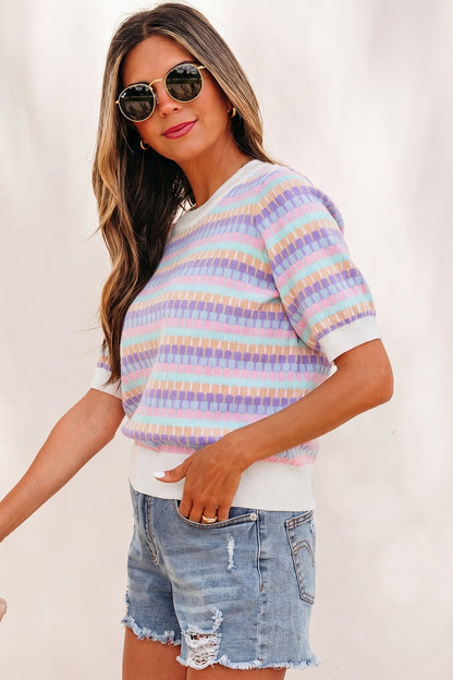 Abstract Stripe Short Sleeve Sweater Knit Top