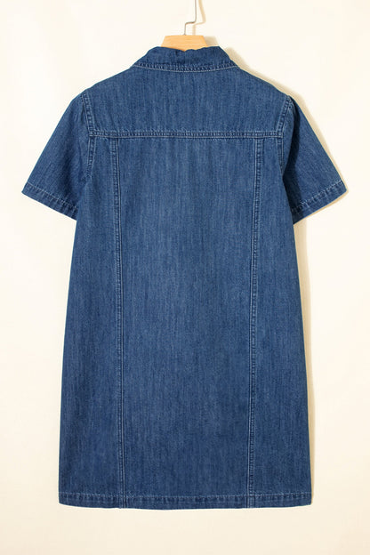 Denim Zip-Up Collar Short Sleeve Mini Dress