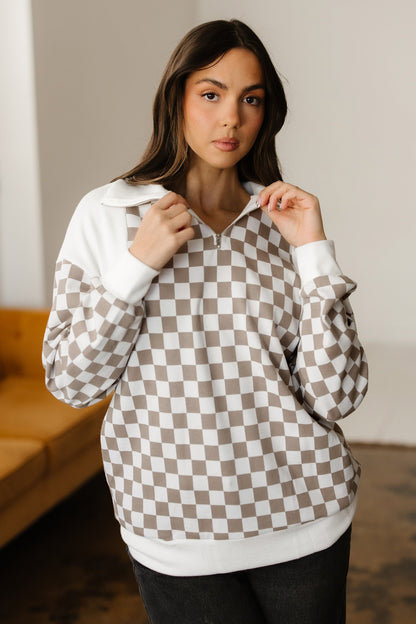 Checker Ribbed Patchwork Quarter Zip Sweatshirt