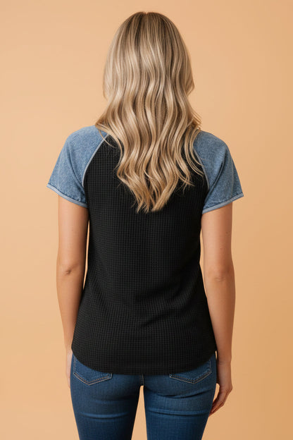 Colorblock Waffle Knit Patchwork Short Sleeve Top