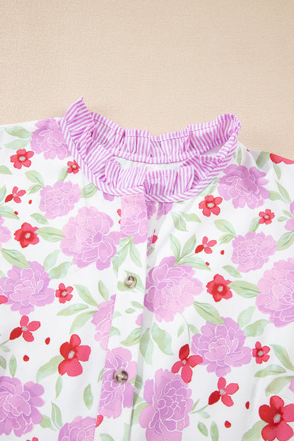Floral Stripe Trim Frilled Neck 3/4 Sleeve Dress